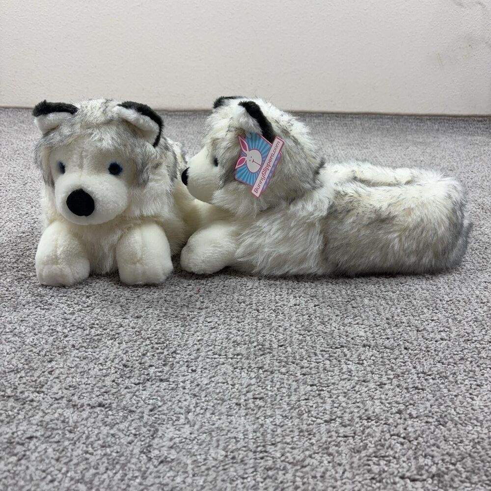 Husky Slippers Womens M Gray Plush Dog Fuzzy Cozy House Shoes Soft Faux Fur